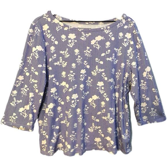 CHARTER CLUB Floral Striped Women's Boatneck 3/4 Sleeve Top - Blue White. - Picture 1 of 9